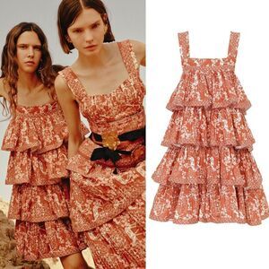 NEW Lug Von Siga Liza Burnt Orange Gazelle Print Square Neck Tiered Dress Size 2